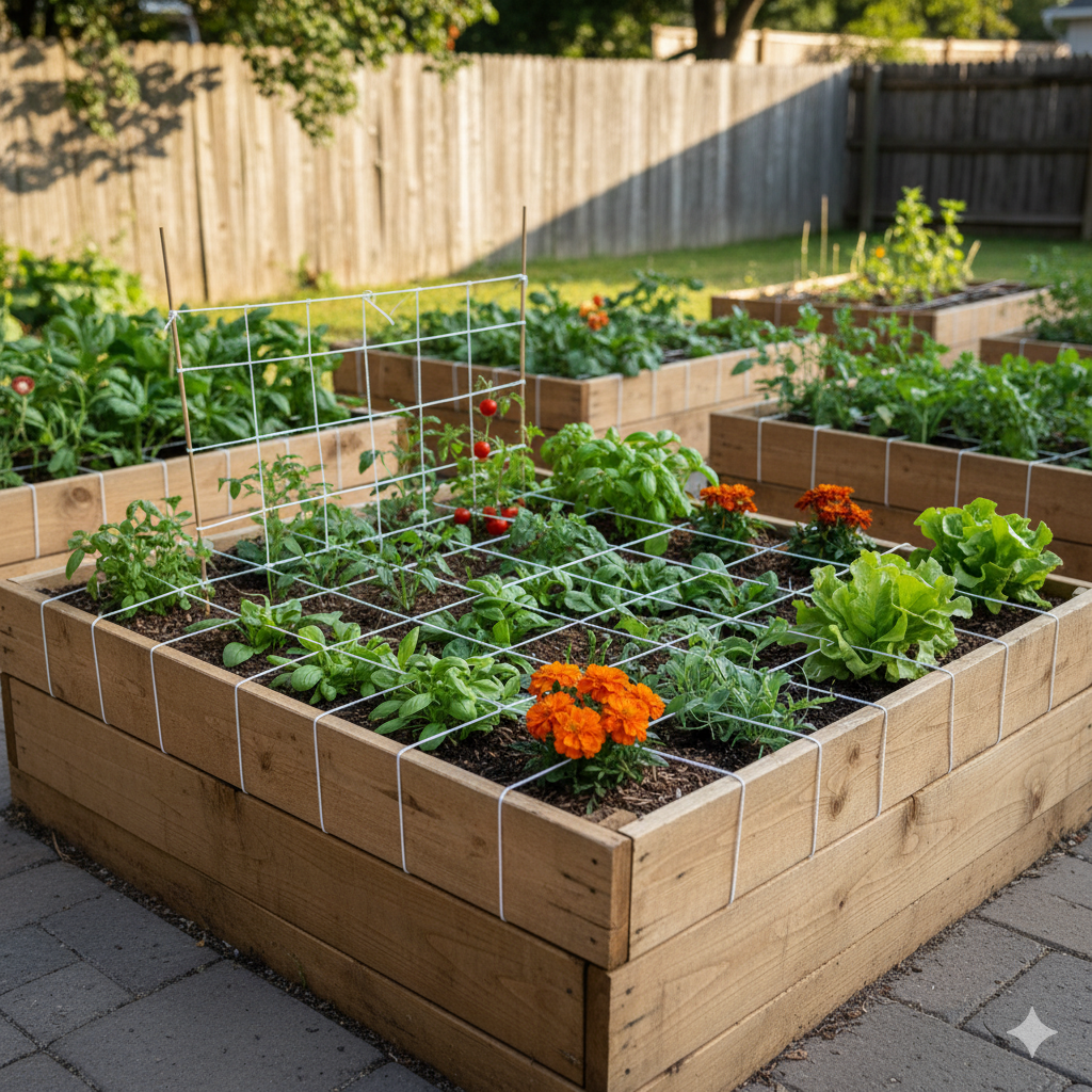 Square-foot beds with grids, trellis, and companion flowers