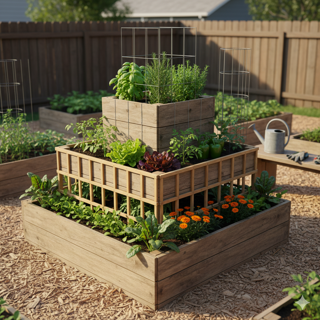 Tiered square-foot planter with herbs and lettuce