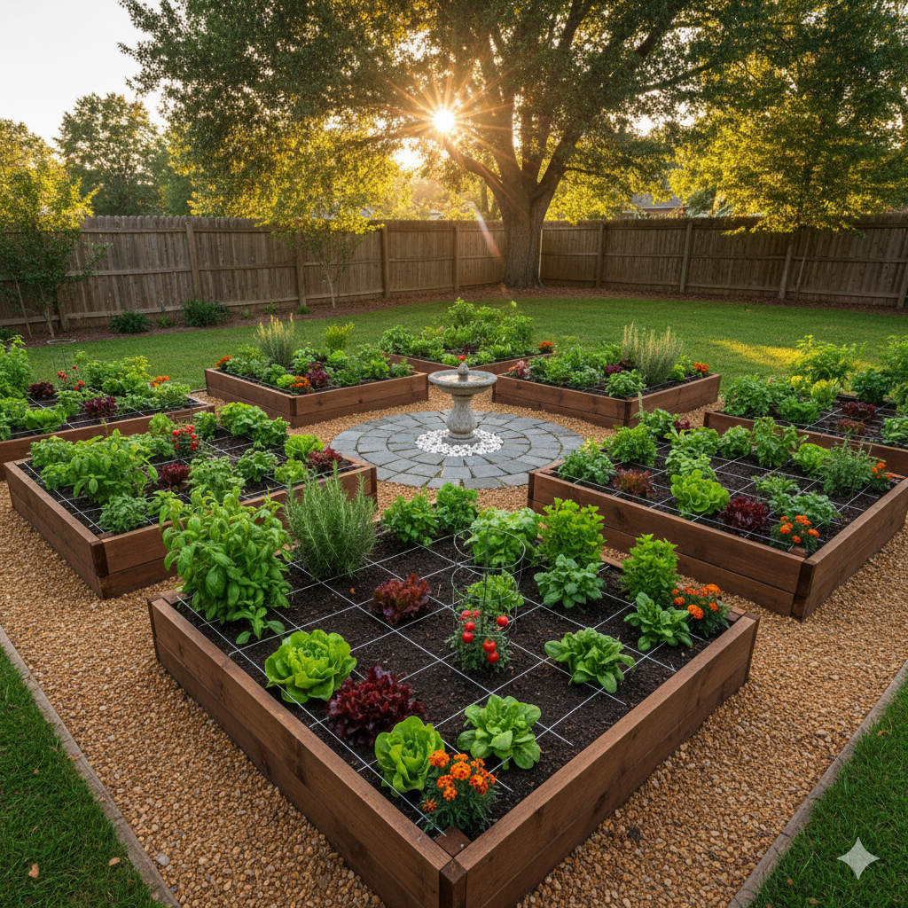 Symmetrical square-foot garden with gravel paths and fountain